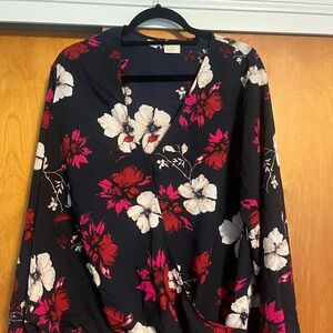 a new day Floral Wrap Blouse - navy , Red, and White